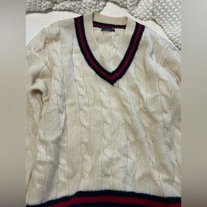 Brandy Melville Cream V-Neck Sweater with Black and Red Trim